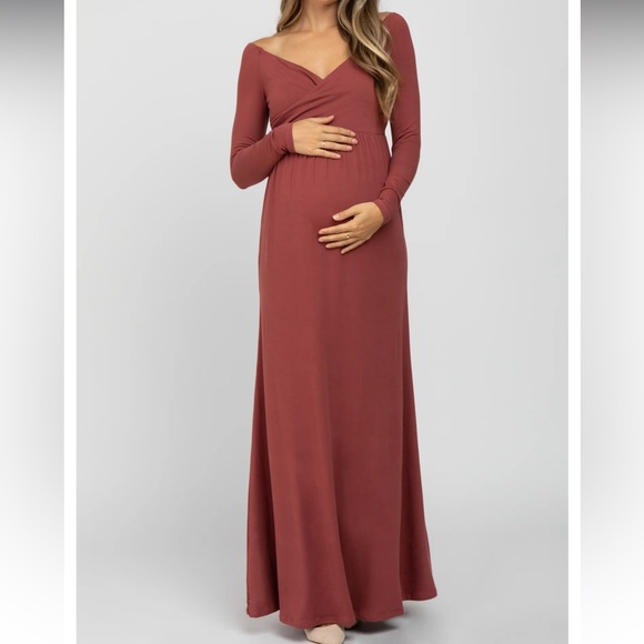 Pinkblush Rust Wrap Front Empire Waist Knit Maternity Maxi Dress Long Sleeve - Picture 1 of 8